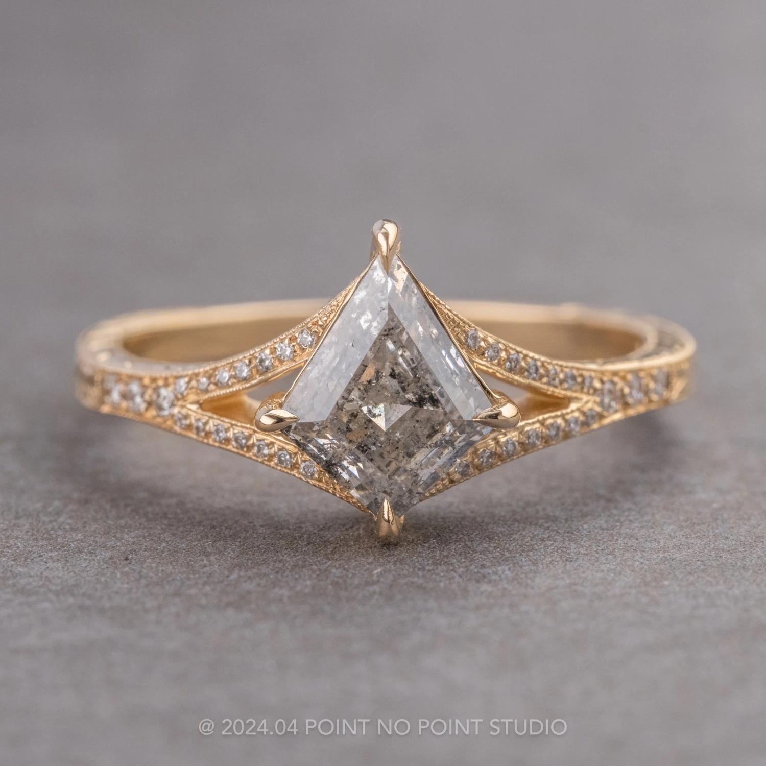 1.42 Carat Canadian Salt And Pepper Kite Diamond Engagement Ring, Engraved River Setting, 14k Yellow Gold 1 1.42 Carat Canadian Salt And Pepper Kite Diamond Engagement Ring, Engraved River Setting, 14k Yellow Gold