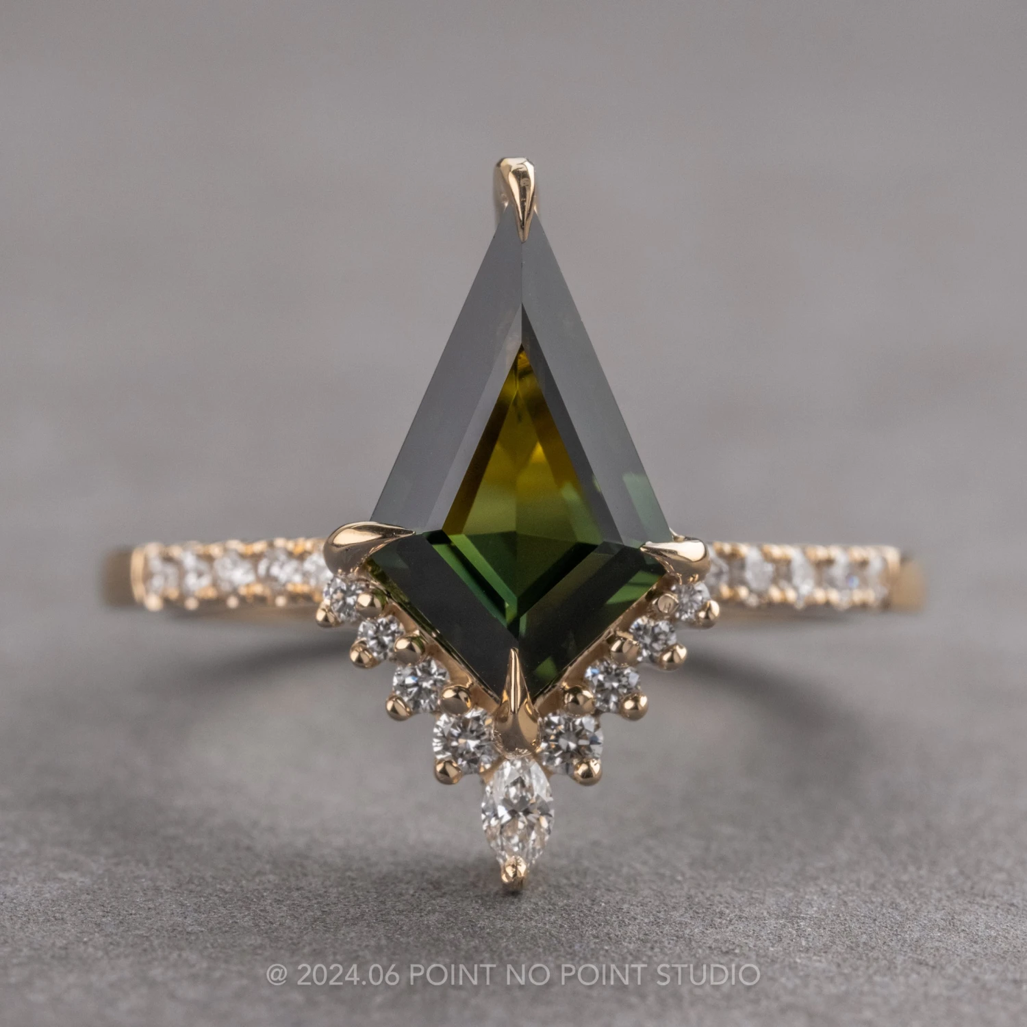 3.37 Carat Green Kite Sapphire And Diamond Engagement Ring, Avaline Setting, 14k Yellow Gold 1 3.37 Carat Green Kite Sapphire And Diamond Engagement Ring, Avaline Setting, 14k Yellow Gold