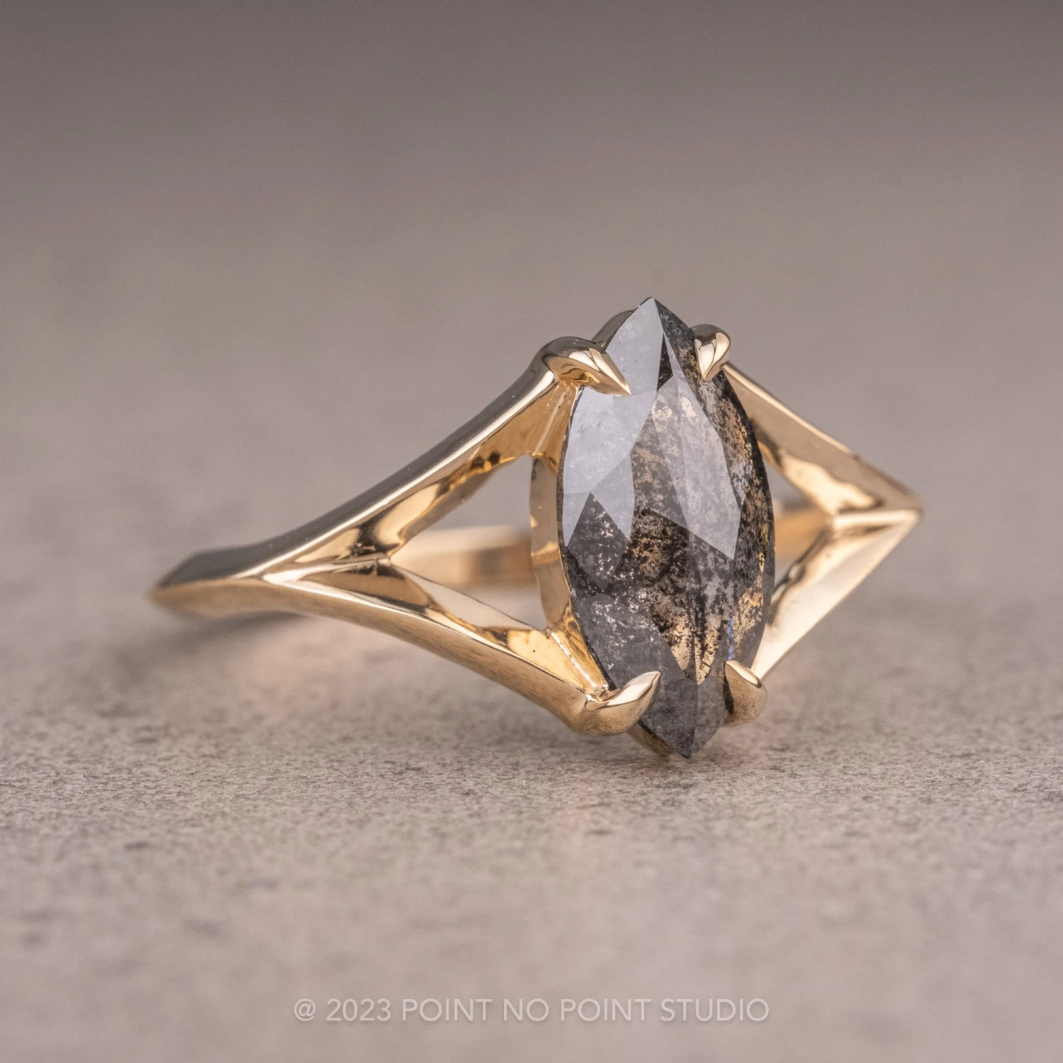 1.17 Carat Black Speckled Marquise Diamond Engagement Ring, Split Shank Jane Setting, 14K Yellow Gold 7 1.17 Carat Black Speckled Marquise Diamond Engagement Ring, Split Shank Jane Setting, 14K Yellow Gold - Image 7