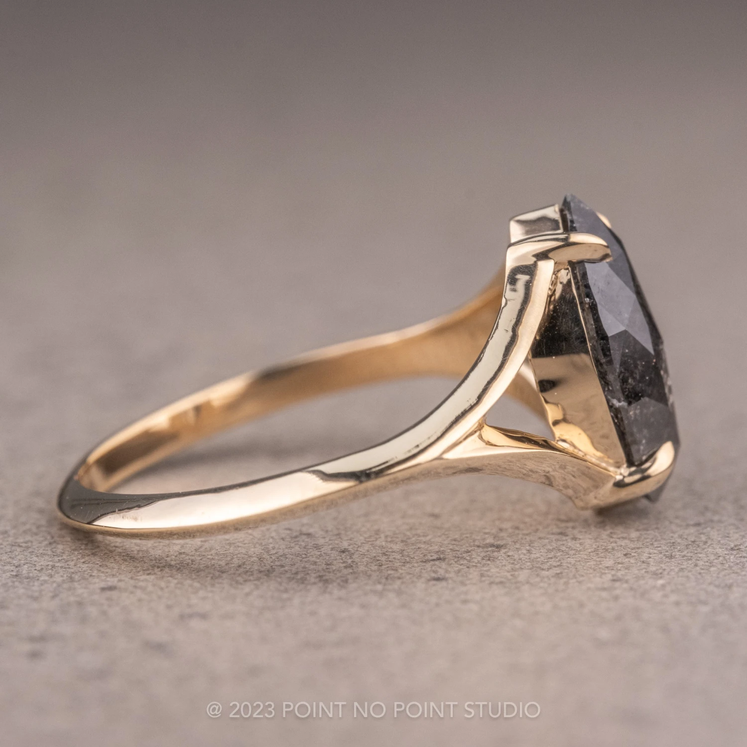 1.17 Carat Black Speckled Marquise Diamond Engagement Ring, Split Shank Jane Setting, 14K Yellow Gold 8 1.17 Carat Black Speckled Marquise Diamond Engagement Ring, Split Shank Jane Setting, 14K Yellow Gold - Image 8