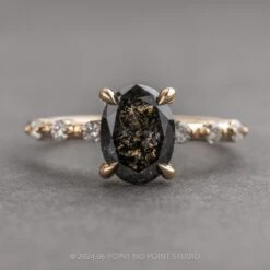 1.83 Carat Black Speckled Oval Diamond Engagement Ring, Nova Setting, 14K Yellow Gold