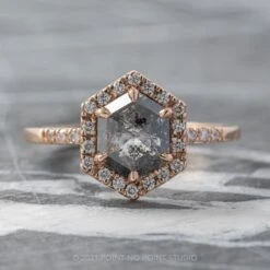 1.34 Carat Salt And Pepper Hexagon Diamond Engagement Ring, Fiona Setting, 14K Rose Gold