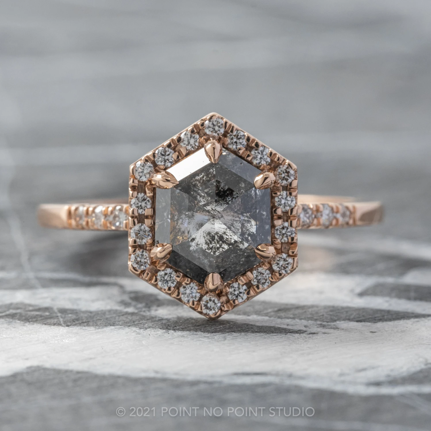 1.34 Carat Salt And Pepper Hexagon Diamond Engagement Ring, Fiona Setting, 14K Rose Gold 1 1.34 Carat Salt And Pepper Hexagon Diamond Engagement Ring, Fiona Setting, 14K Rose Gold