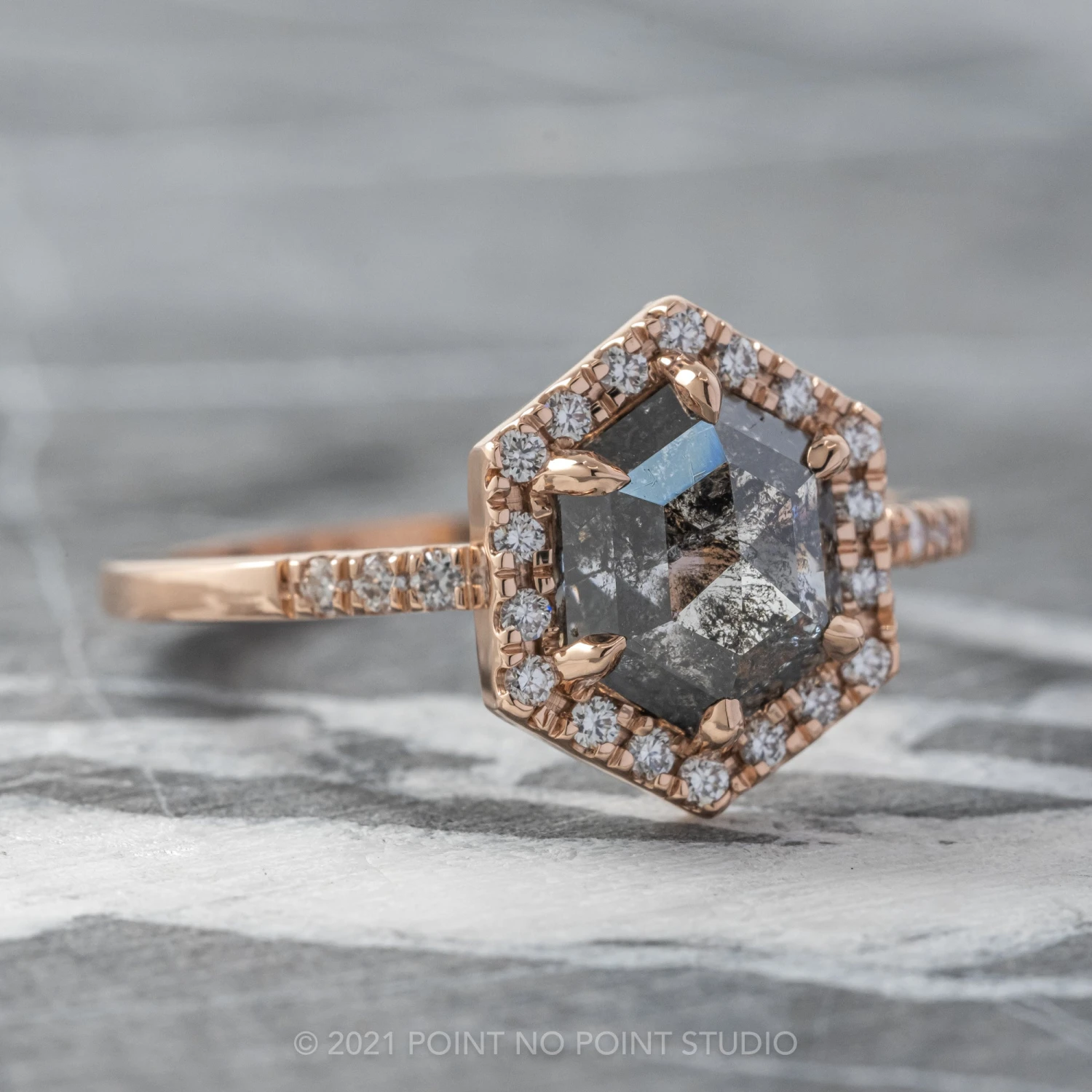 1.34 Carat Salt And Pepper Hexagon Diamond Engagement Ring, Fiona Setting, 14K Rose Gold 7 1.34 Carat Salt And Pepper Hexagon Diamond Engagement Ring, Fiona Setting, 14K Rose Gold - Image 7