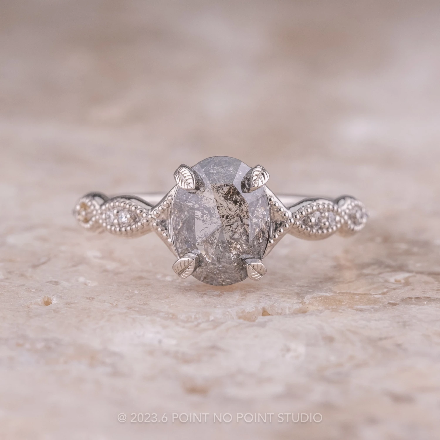 1.53 Carat Salt And Pepper Oval Diamond Engagement Ring, Winter Setting, Platinum 1 1.53 Carat Salt And Pepper Oval Diamond Engagement Ring, Winter Setting, Platinum