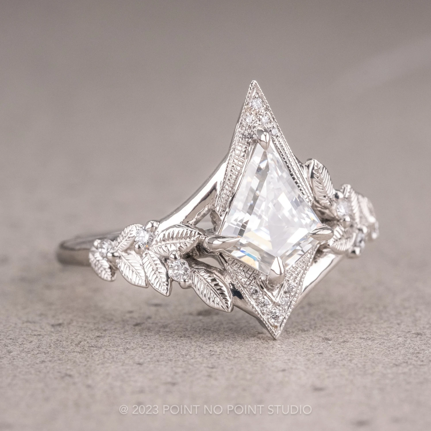 1.07 Carat Kite Moissanite Engagement Ring, Thistle Setting, Platinum 6 1.07 Carat Kite Moissanite Engagement Ring, Thistle Setting, Platinum - Image 6