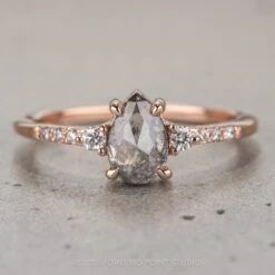 .96 Carat Salt And Pepper Pear Diamond Engagement Ring, Eliza Setting, 14K Rose Gold