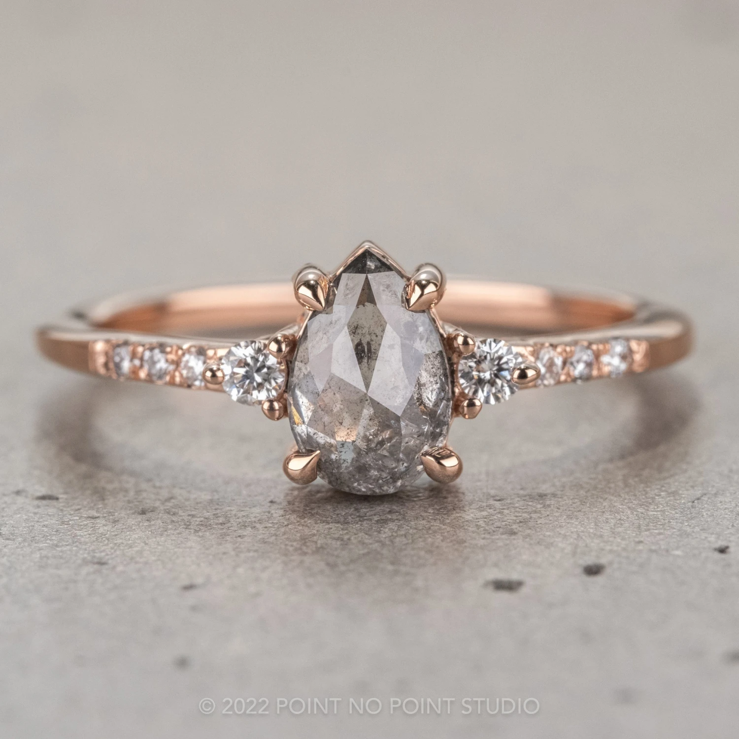 .96 Carat Salt And Pepper Pear Diamond Engagement Ring, Eliza Setting, 14K Rose Gold 1 .96 Carat Salt And Pepper Pear Diamond Engagement Ring, Eliza Setting, 14K Rose Gold