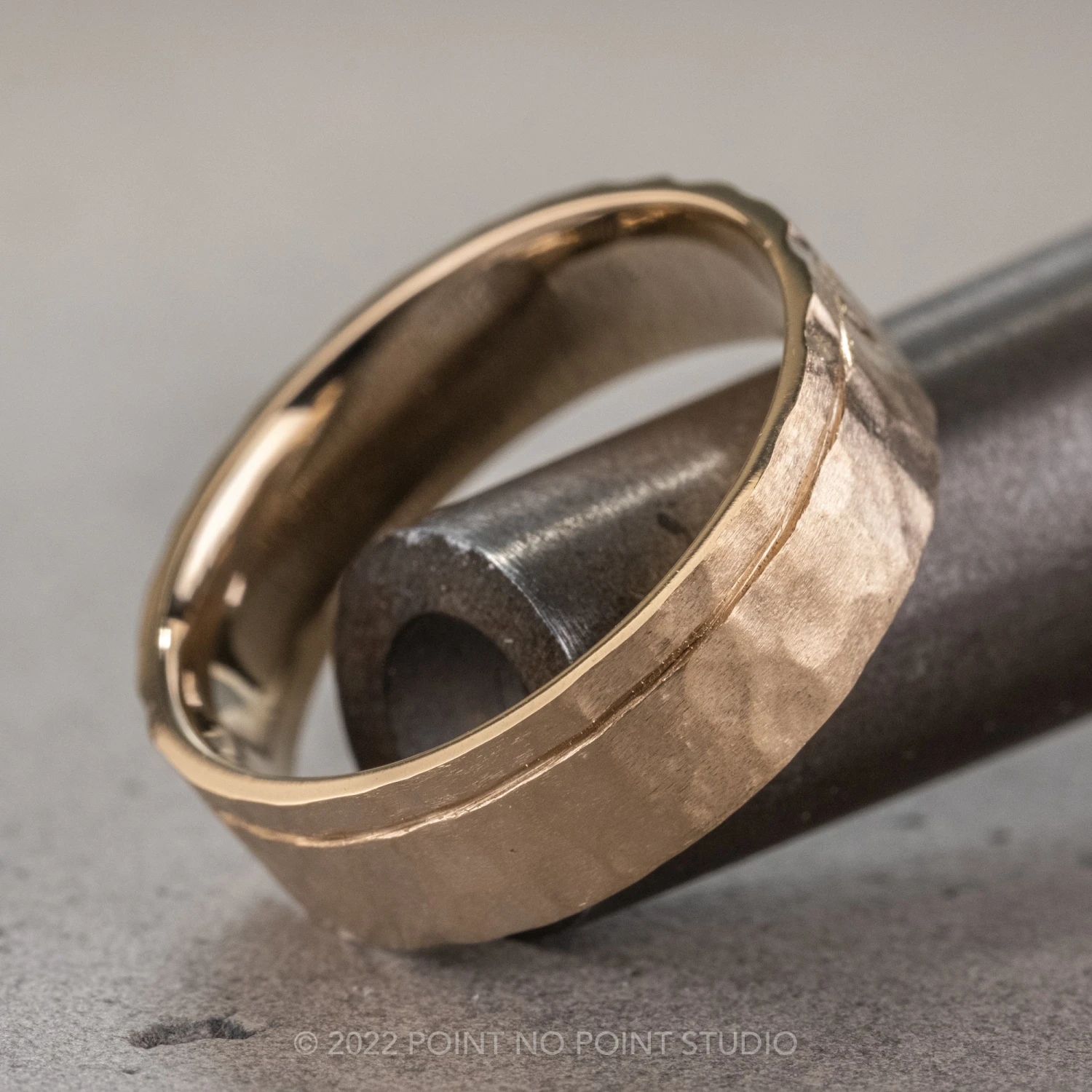 6mm 14k Yellow Gold Mens Wedding Band With Asymmetrical Notch, Hammered Matte 1 6mm 14k Yellow Gold Mens Wedding Band With Asymmetrical Notch, Hammered Matte