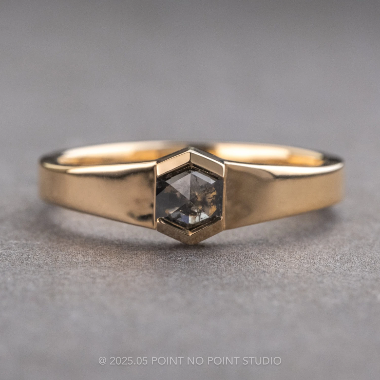 Black Speckled Hexagon Diamond Mens Wedding Band, Cygnus Setting, 14k Yellow Gold 1 Black Speckled Hexagon Diamond Mens Wedding Band, Cygnus Setting, 14k Yellow Gold