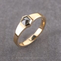 Black Speckled Hexagon Diamond Mens Wedding Band, Cygnus Setting, 14k Yellow Gold 13 Black Speckled Hexagon Diamond Mens Wedding Band, Cygnus Setting, 14k Yellow Gold -Point No Point Studio Store 04262024E 3