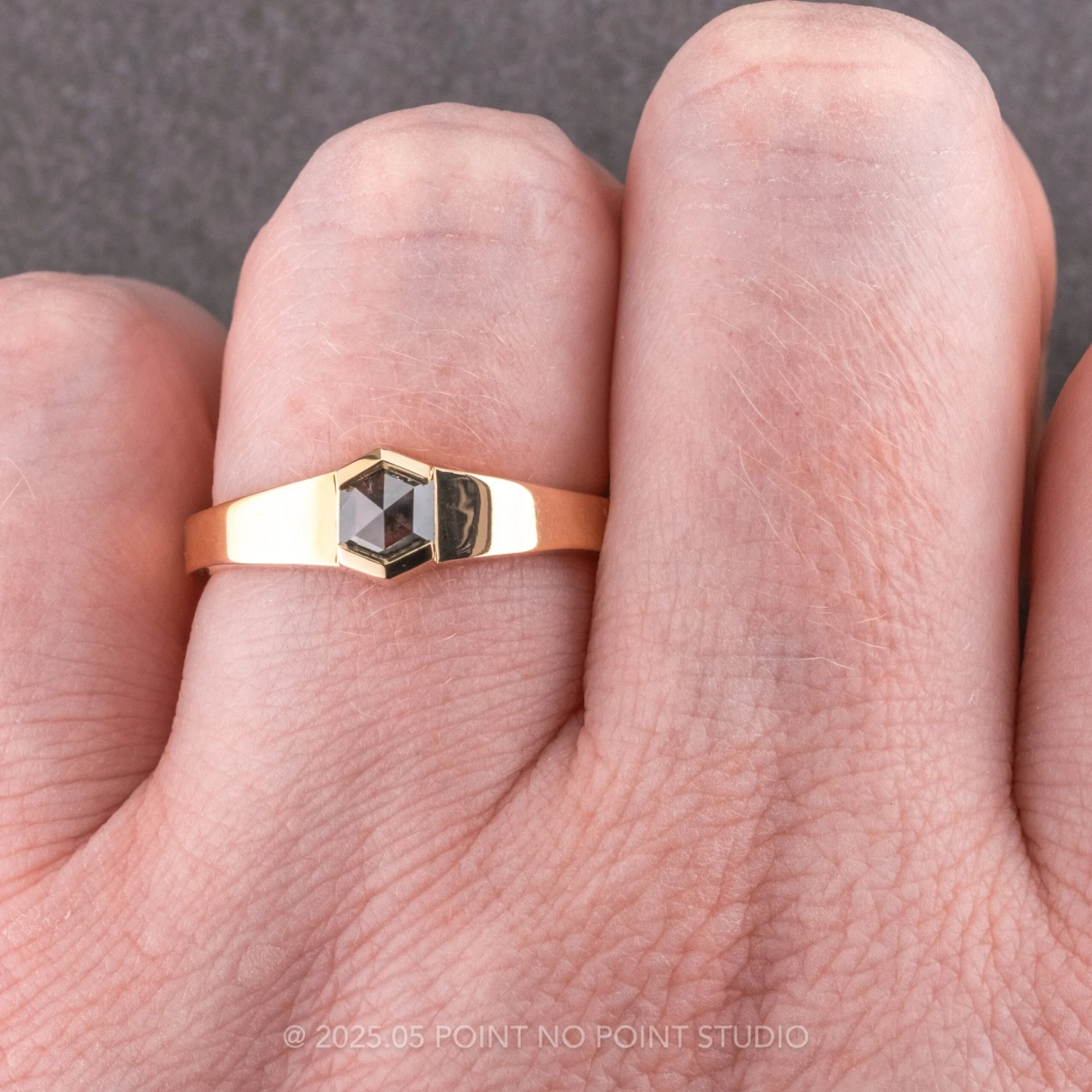 Black Speckled Hexagon Diamond Mens Wedding Band, Cygnus Setting, 14k Yellow Gold 2 Black Speckled Hexagon Diamond Mens Wedding Band, Cygnus Setting, 14k Yellow Gold - Image 2