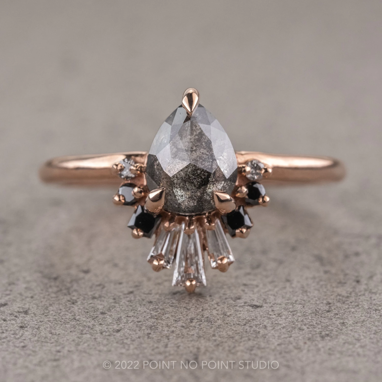 1.27 Carat Salt And Pepper Pear Diamond Engagement Ring, Ombre Wren Setting, 14K Rose Gold 1 1.27 Carat Salt And Pepper Pear Diamond Engagement Ring, Ombre Wren Setting, 14K Rose Gold