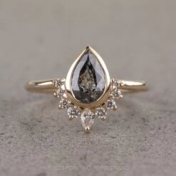 2.35 Carat Salt And Pepper Pear Diamond Engagement Ring, Ava Bezel Setting, 14k Yellow Gold