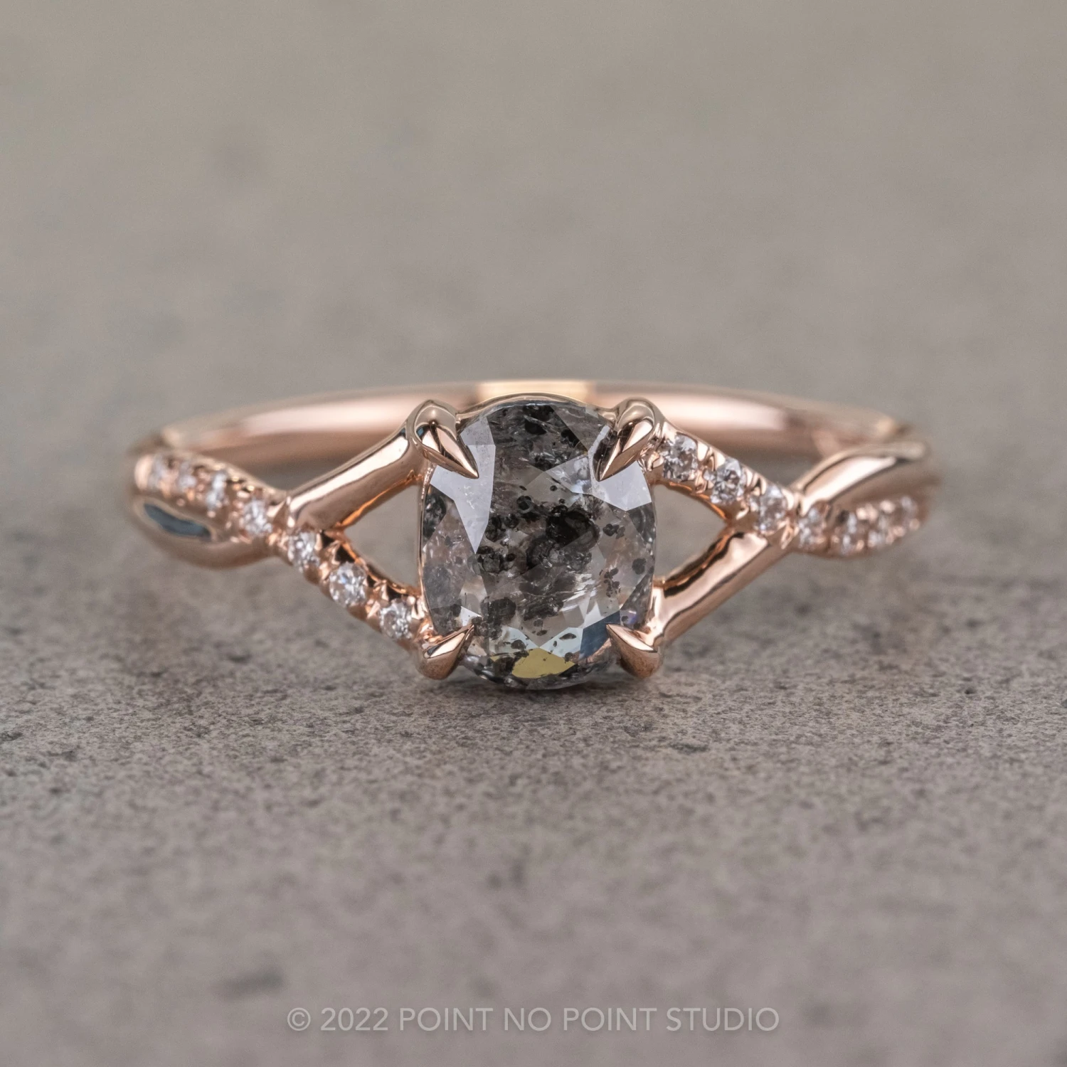 1.62 Carat Salt And Pepper Oval Diamond Engagement Ring, Wisteria Setting, 14K Rose Gold 1 1.62 Carat Salt And Pepper Oval Diamond Engagement Ring, Wisteria Setting, 14K Rose Gold