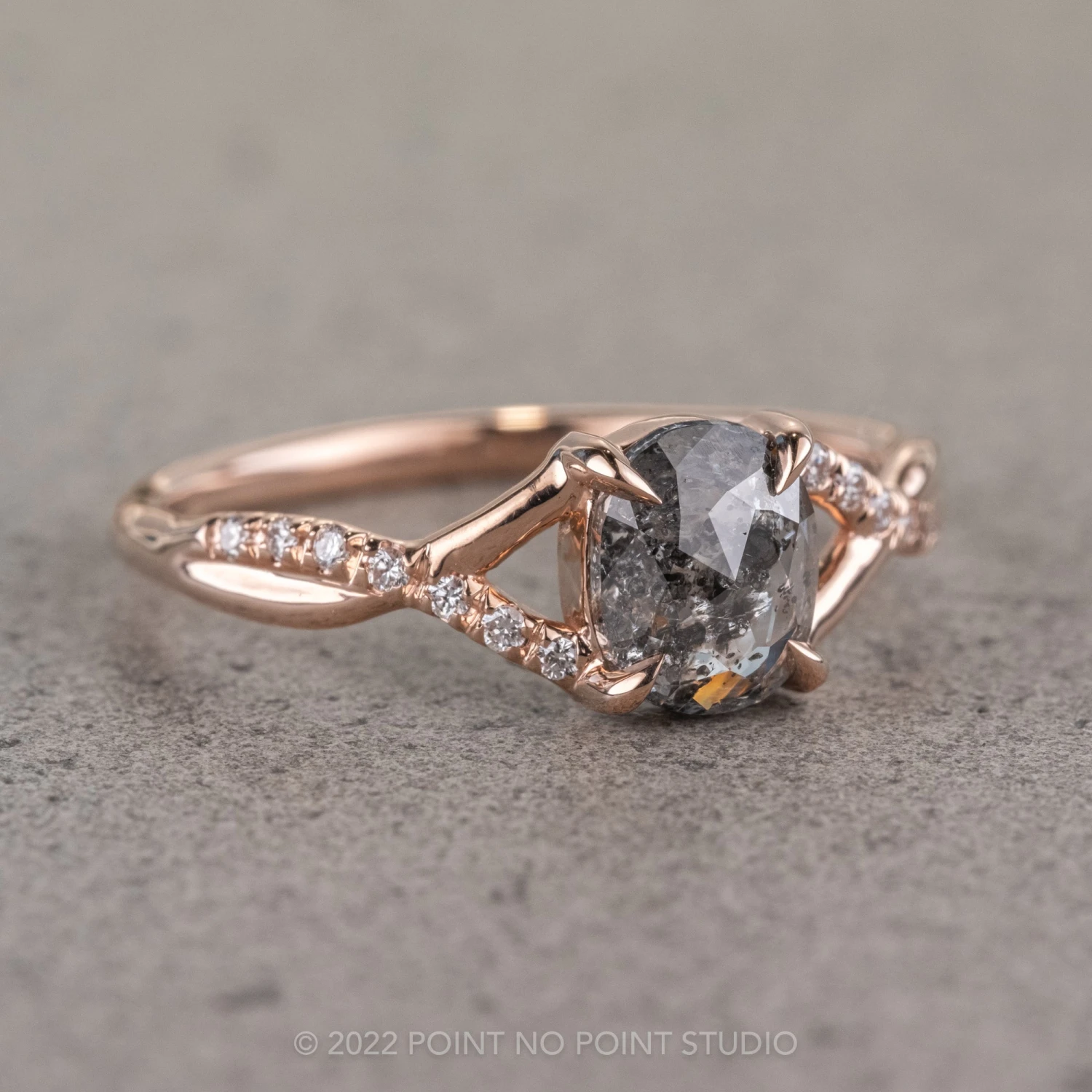 1.62 Carat Salt And Pepper Oval Diamond Engagement Ring, Wisteria Setting, 14K Rose Gold 4 1.62 Carat Salt And Pepper Oval Diamond Engagement Ring, Wisteria Setting, 14K Rose Gold - Image 4