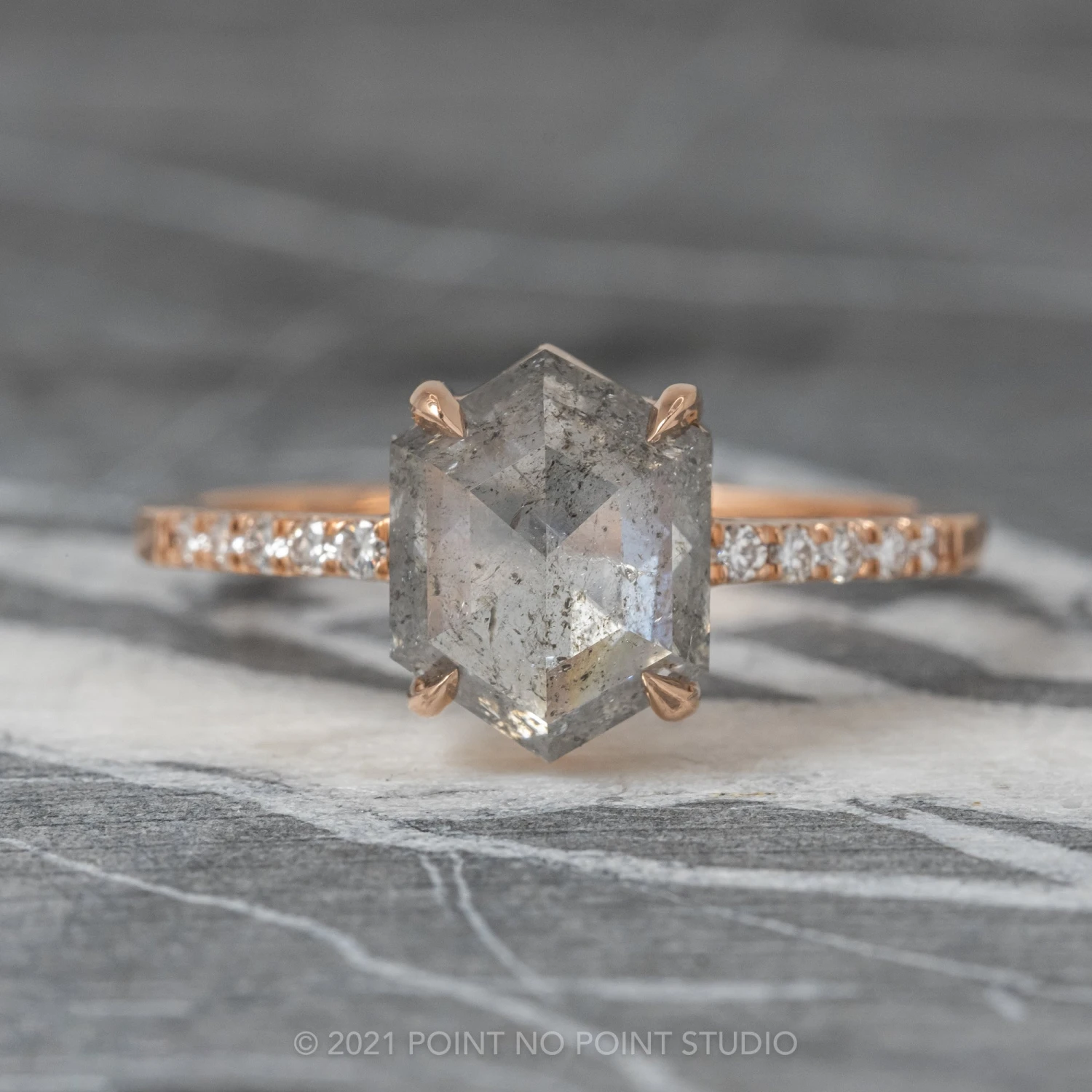 1.52 Carat Salt And Pepper Hexagon Diamond Engagement Ring, Jules Setting, 14k Rose Gold 1 1.52 Carat Salt And Pepper Hexagon Diamond Engagement Ring, Jules Setting, 14k Rose Gold