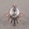 2.64 Carat Salt And Pepper Pear Diamond Engagement Ring, Oriole Setting, 14K Rose Gold