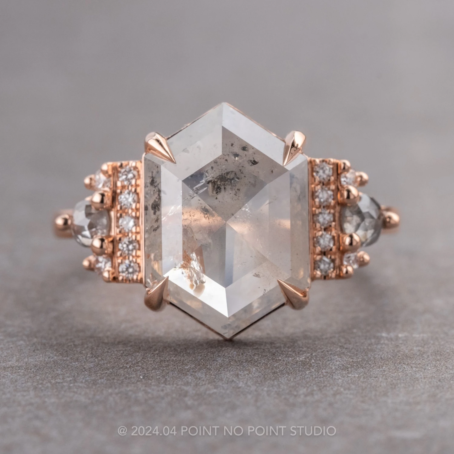 4.14 Carat Icy Grey Hexagon Diamond Engagement Ring, Eleanor Setting, 14K Rose Gold 1 4.14 Carat Icy Grey Hexagon Diamond Engagement Ring, Eleanor Setting, 14K Rose Gold
