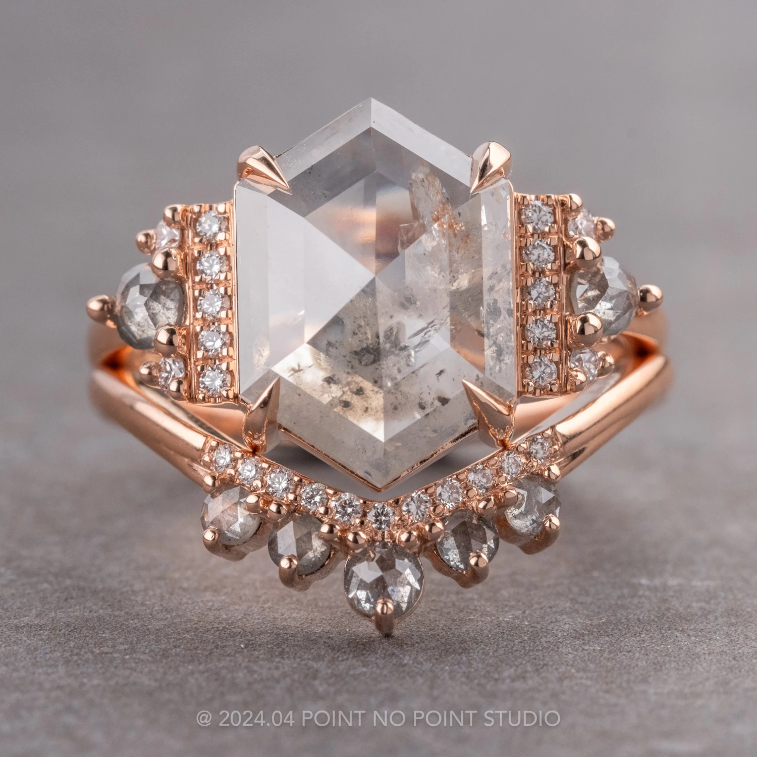 4.14 Carat Icy Grey Hexagon Diamond Engagement Ring, Eleanor Setting, 14K Rose Gold 6 4.14 Carat Icy Grey Hexagon Diamond Engagement Ring, Eleanor Setting, 14K Rose Gold - Image 6