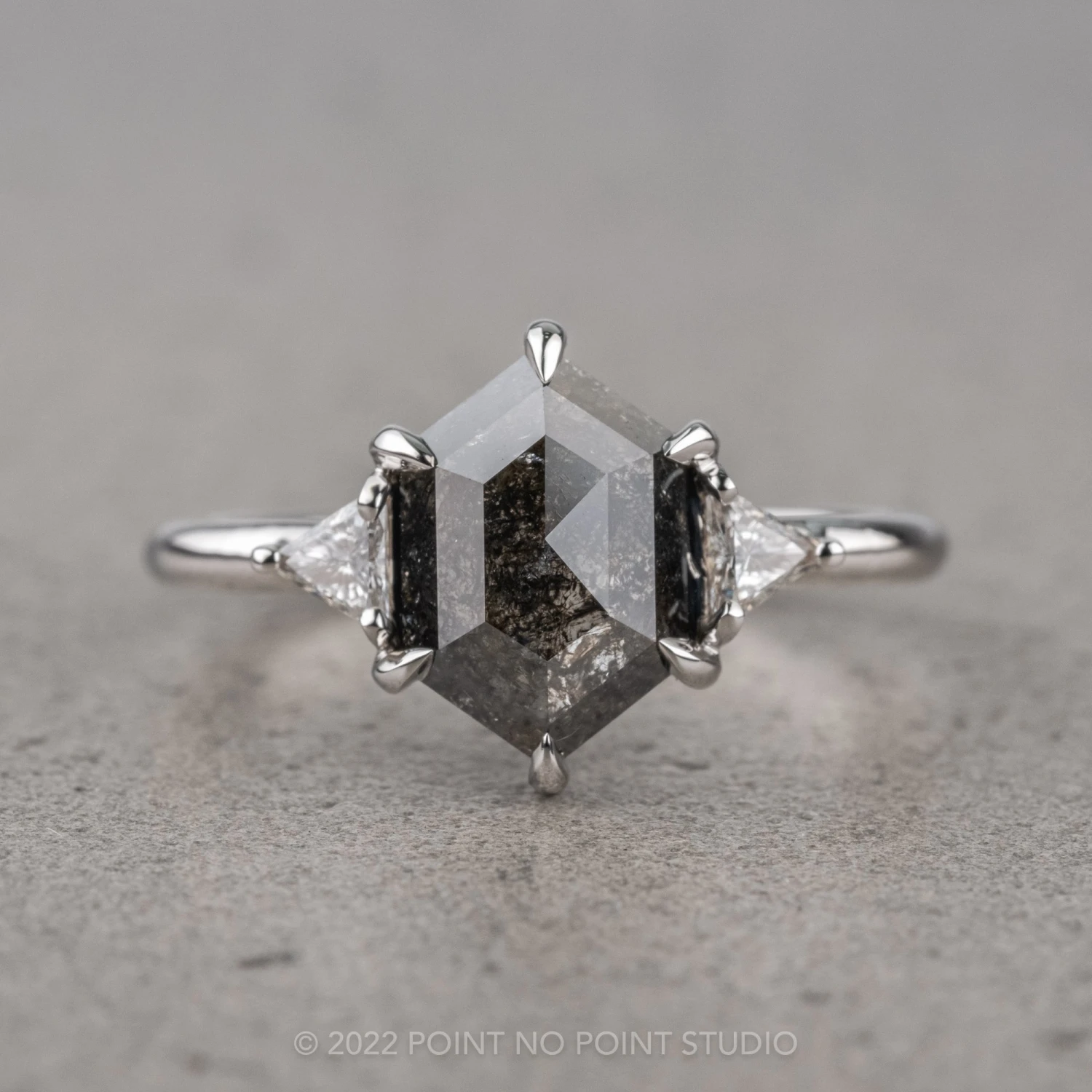 1.26 Carat Black Speckled Hexagon Diamond Engagement Ring, Zoe Setting, 14K White Gold 1 1.26 Carat Black Speckled Hexagon Diamond Engagement Ring, Zoe Setting, 14K White Gold