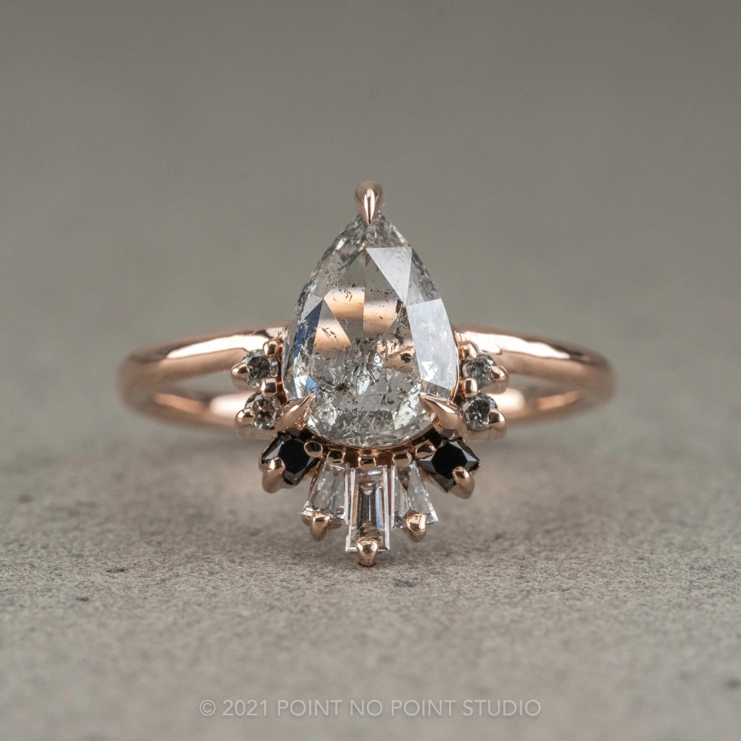 1.38 Carat Icy Salt And Pepper Pear Diamond Engagement Ring, Ombre Wren Setting, 14K Rose Gold 1 1.38 Carat Icy Salt And Pepper Pear Diamond Engagement Ring, Ombre Wren Setting, 14K Rose Gold