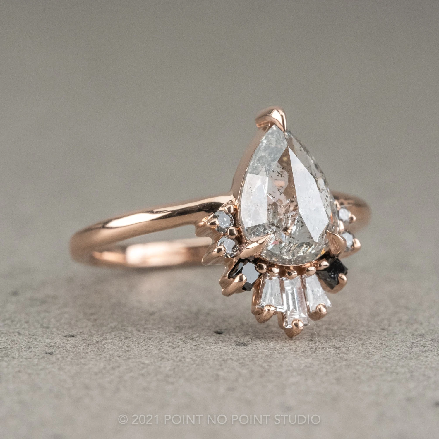 1.38 Carat Icy Salt And Pepper Pear Diamond Engagement Ring, Ombre Wren Setting, 14K Rose Gold 3 1.38 Carat Icy Salt And Pepper Pear Diamond Engagement Ring, Ombre Wren Setting, 14K Rose Gold - Image 3