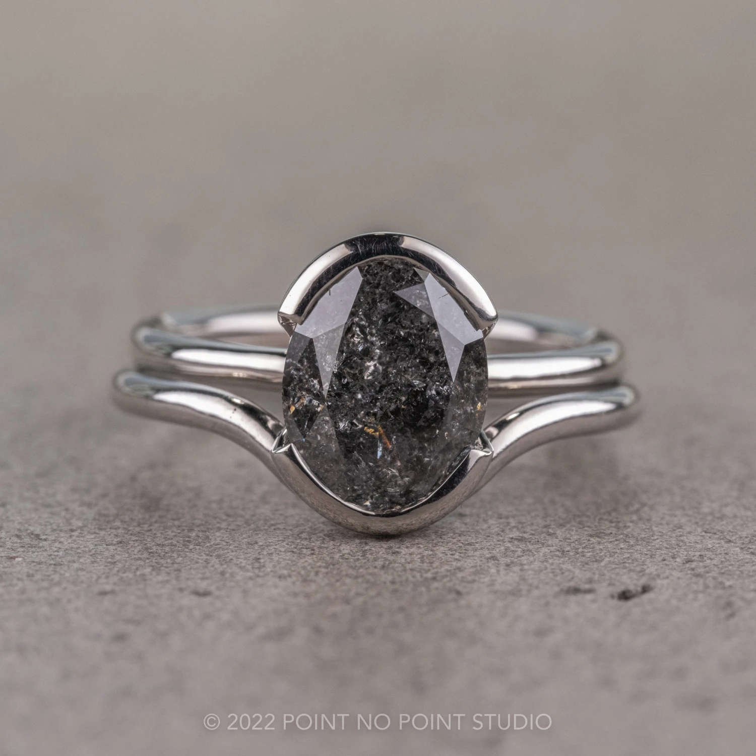 2.79 Carat Black Speckled Oval Diamond Engagement Ring, Shay Setting, 14k White Gold 8 2.79 Carat Black Speckled Oval Diamond Engagement Ring, Shay Setting, 14k White Gold - Image 8
