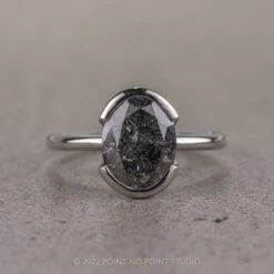 2.79 Carat Black Speckled Oval Diamond Engagement Ring, Shay Setting, 14k White Gold