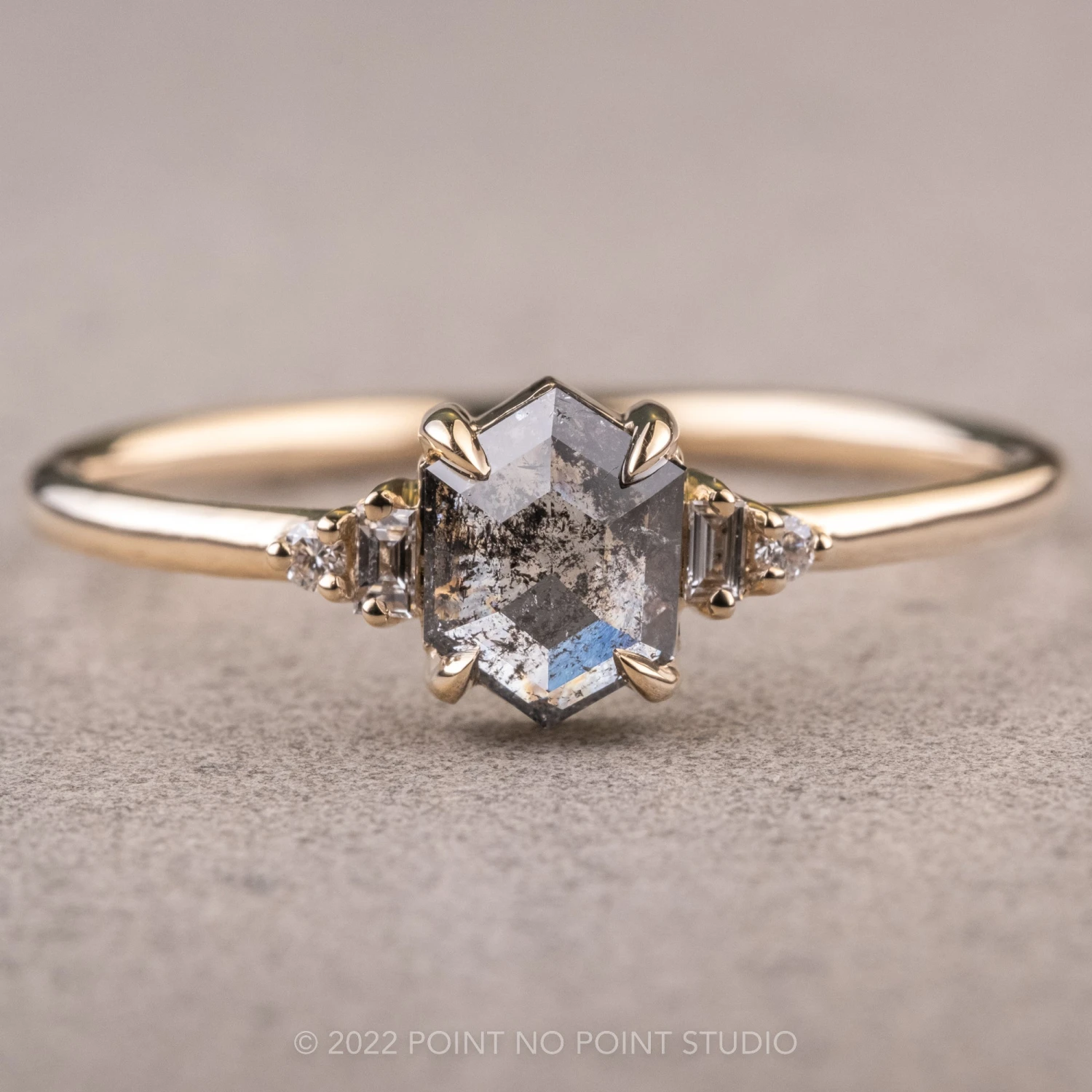 .94 Carat Salt And Pepper Hexagon Diamond Engagement Ring, Betty Setting, 14K Yellow Gold 1 .94 Carat Salt And Pepper Hexagon Diamond Engagement Ring, Betty Setting, 14K Yellow Gold