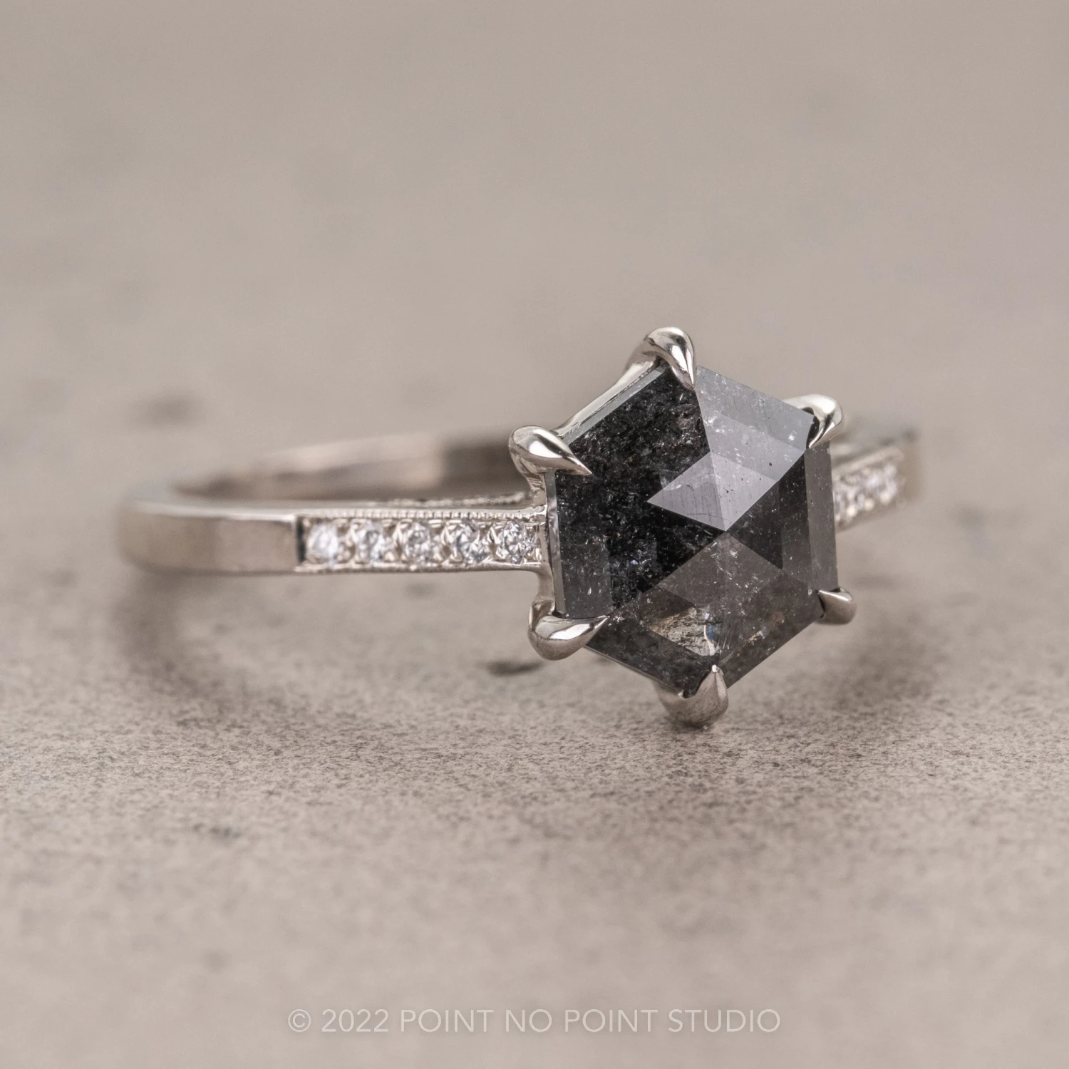 1.30 Carat Salt And Pepper Hexagon Diamond Engagement Ring, Mauve Setting, Platinum 9 1.30 Carat Salt And Pepper Hexagon Diamond Engagement Ring, Mauve Setting, Platinum - Image 9