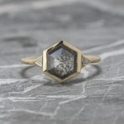 1.58 Carat Black Speckled Hexagon Diamond Engagement Ring, Bezel Zoe Setting, 14K Yellow Gold