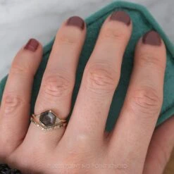 1.58 Carat Black Speckled Hexagon Diamond Engagement Ring, Bezel Zoe Setting, 14K Yellow Gold -Point No Point Studio Store 09162020A 4 60404cd1 07cf 468b afe7 dfe3369fe5a1