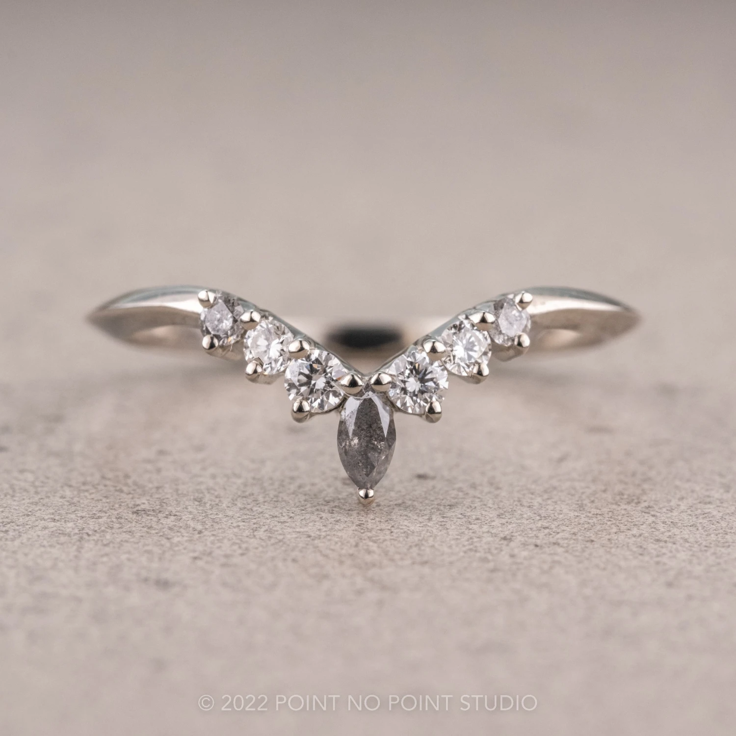 Salt And Pepper Marquise And White Diamond Knife Edge Wedding Band, Cassiopeia Setting, Platinum 1 Salt And Pepper Marquise And White Diamond Knife Edge Wedding Band, Cassiopeia Setting, Platinum