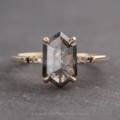 2.59 Carat Black Speckled Hexagon Diamond Engagement Ring, Ombre Lourdes Setting, 14k Yellow Gold