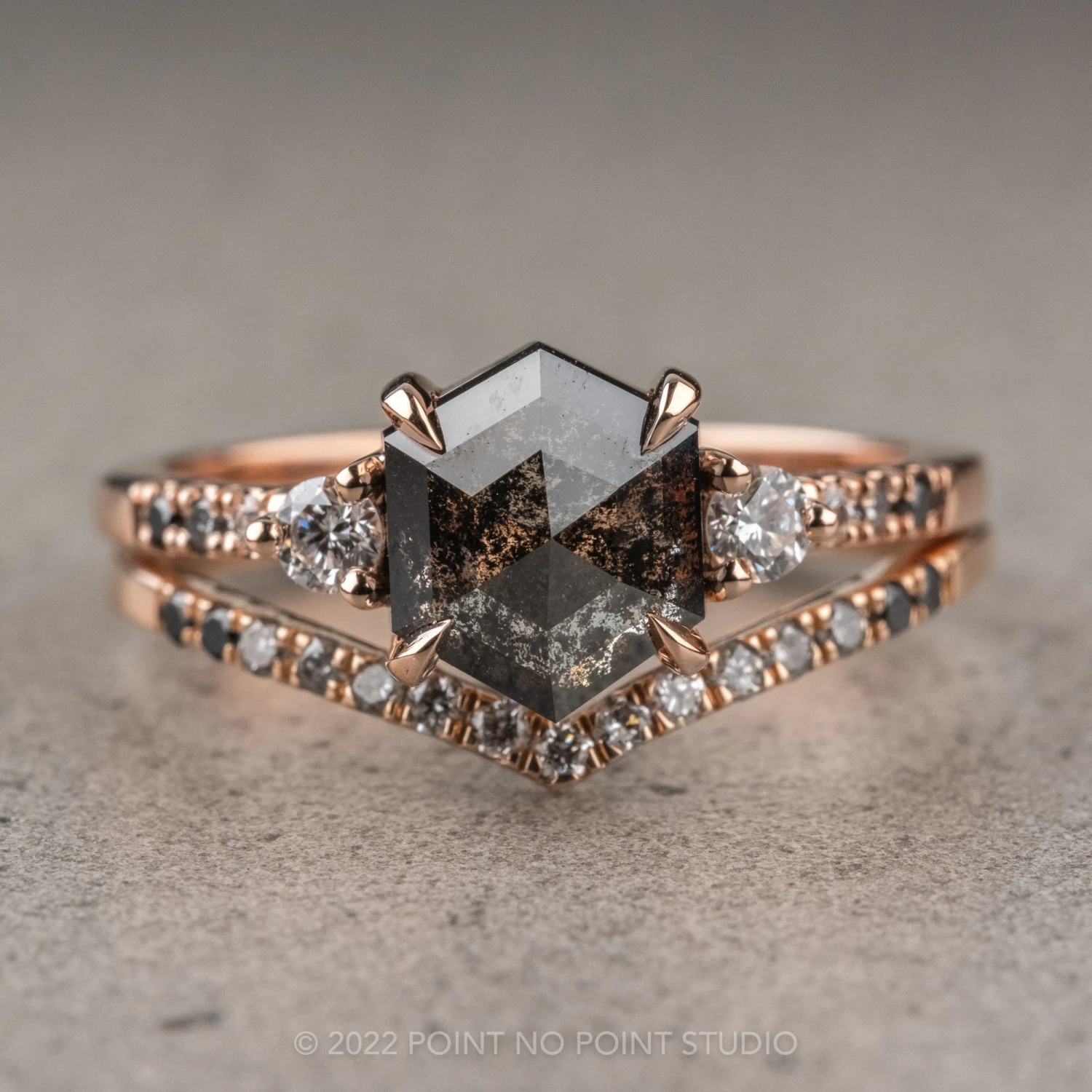 1.40 Carat Black Speckled Hexagon Diamond Engagement Ring, Ombre Eliza Setting, 14K Rose Gold 10 1.40 Carat Black Speckled Hexagon Diamond Engagement Ring, Ombre Eliza Setting, 14K Rose Gold - Image 10