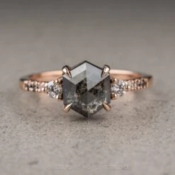 1.40 Carat Black Speckled Hexagon Diamond Engagement Ring, Ombre Eliza Setting, 14K Rose Gold