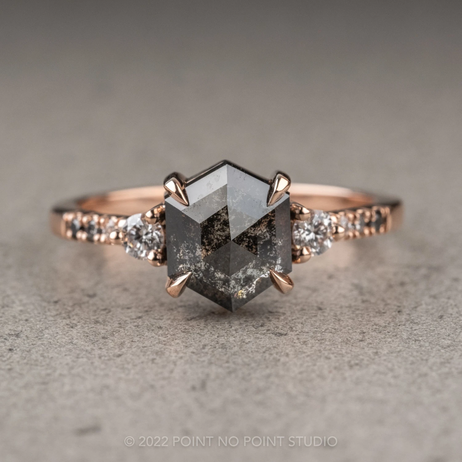 1.40 Carat Black Speckled Hexagon Diamond Engagement Ring, Ombre Eliza Setting, 14K Rose Gold 1 1.40 Carat Black Speckled Hexagon Diamond Engagement Ring, Ombre Eliza Setting, 14K Rose Gold