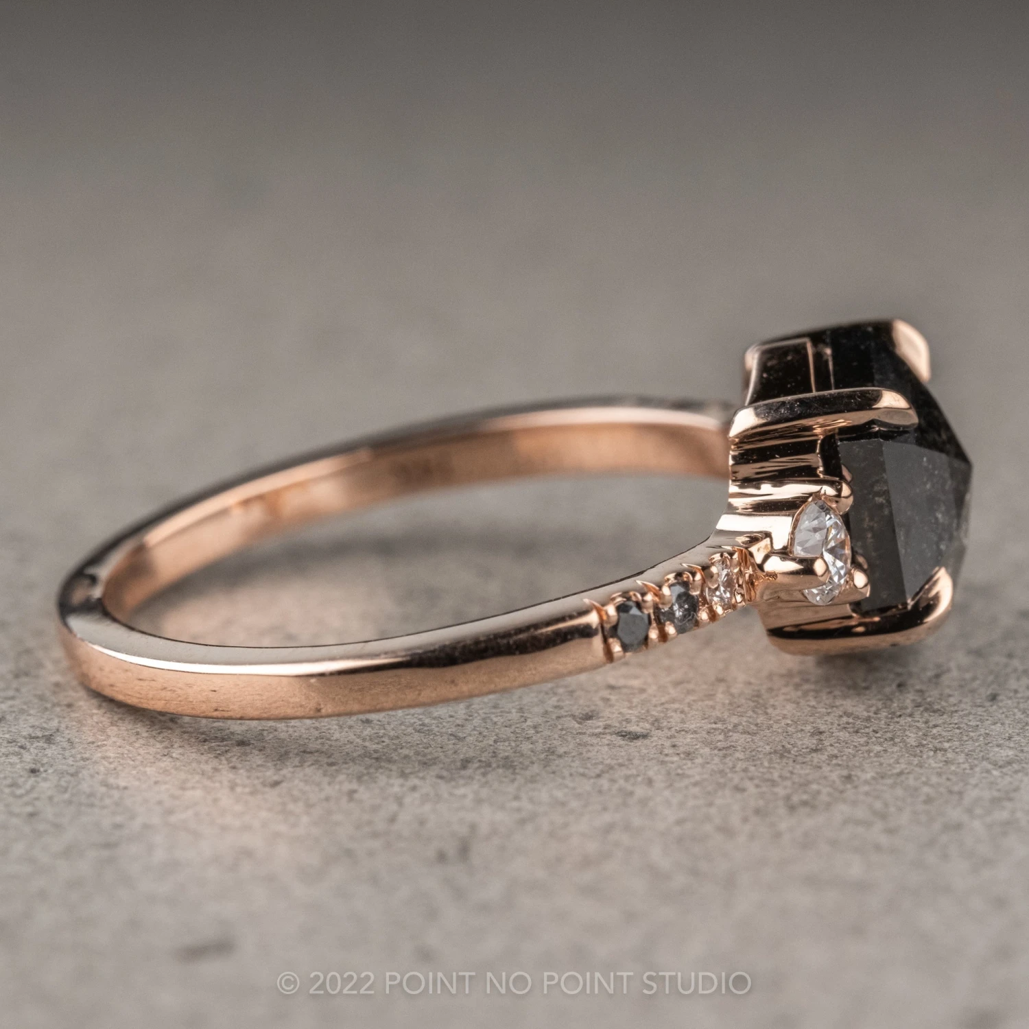 1.40 Carat Black Speckled Hexagon Diamond Engagement Ring, Ombre Eliza Setting, 14K Rose Gold 12 1.40 Carat Black Speckled Hexagon Diamond Engagement Ring, Ombre Eliza Setting, 14K Rose Gold - Image 12