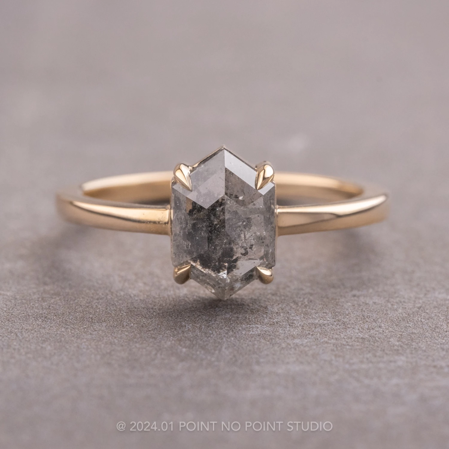 1.84 Carat Salt And Pepper Hexagon Diamond Engagement Ring, Jane Setting, 14K Yellow Gold 1 1.84 Carat Salt And Pepper Hexagon Diamond Engagement Ring, Jane Setting, 14K Yellow Gold