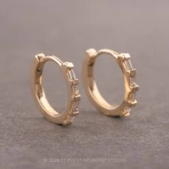 Baguette Diamond Huggie Hoops, 14k Yellow Gold Earrings -Point No Point Studio Store 1345 1
