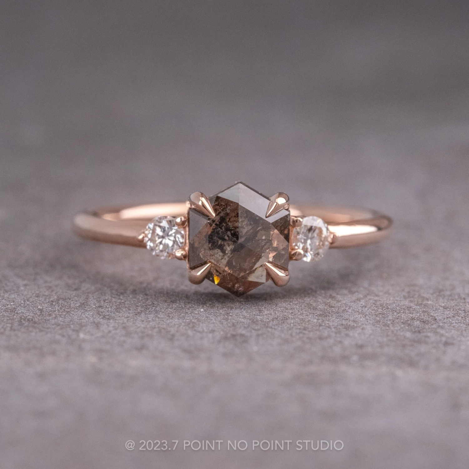 1.33 Carat Salt And Pepper Hexagon Diamond Engagement Ring, Zoe Setting, 14K Rose Gold 1 1.33 Carat Salt And Pepper Hexagon Diamond Engagement Ring, Zoe Setting, 14K Rose Gold