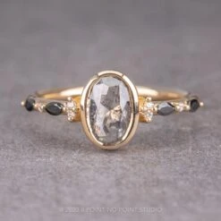 1.62 Carat Salt And Pepper Oval Diamond Engagement Ring, Bezel Astrid Setting, 14K Yellow Gold