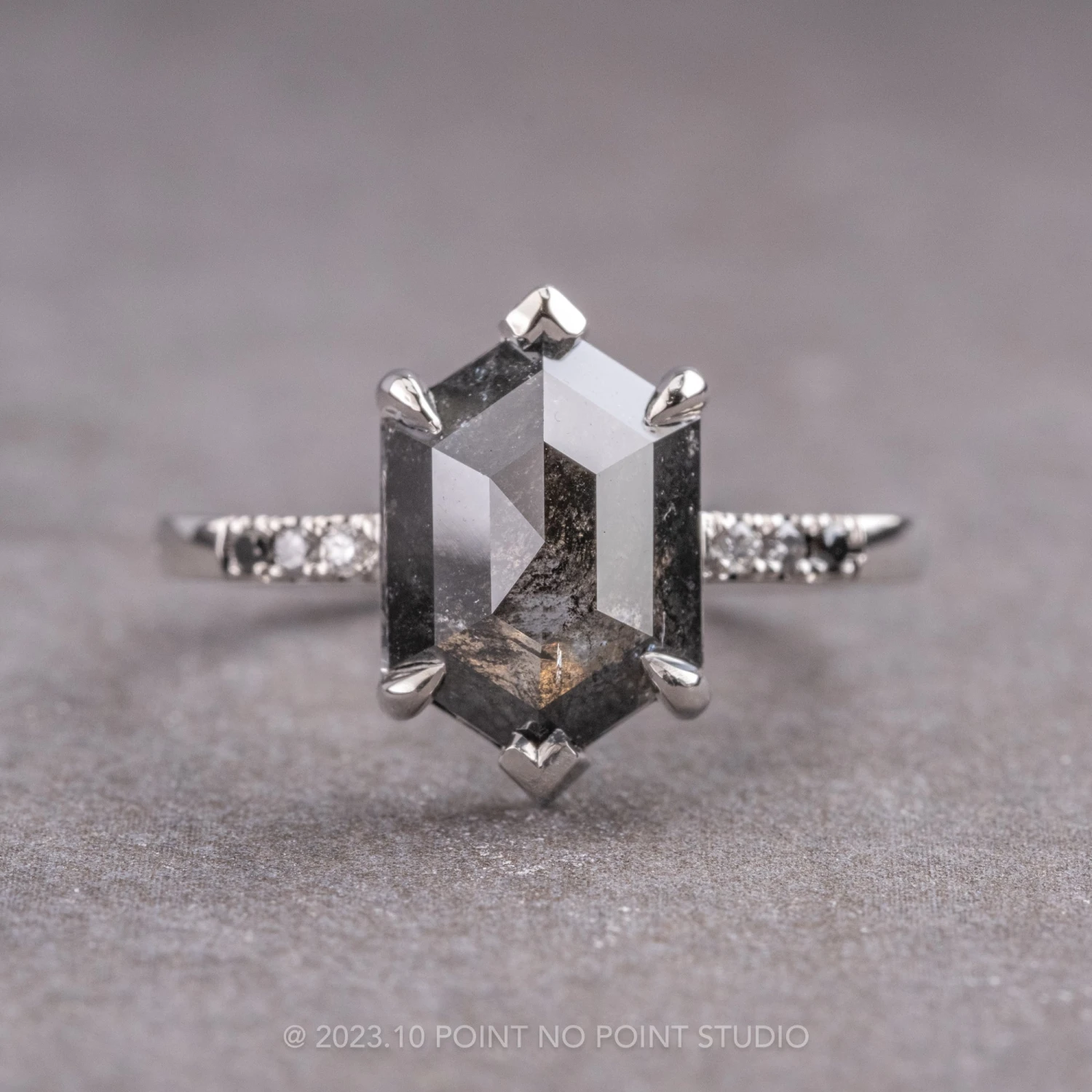 2.69 Carat Black Speckled Hexagon Diamond Engagement Ring, Ombre Sirena Setting, 14K White Gold 1 2.69 Carat Black Speckled Hexagon Diamond Engagement Ring, Ombre Sirena Setting, 14K White Gold