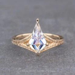 Kite Moissanite Engagement Ring, Split Shank Engraved Jane Setting, 14K Yellow Gold