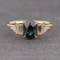 1.53 Carat Teal Hexagon Sapphire And Diamond Engagement Ring, Betty Setting, 14K Yellow Gold