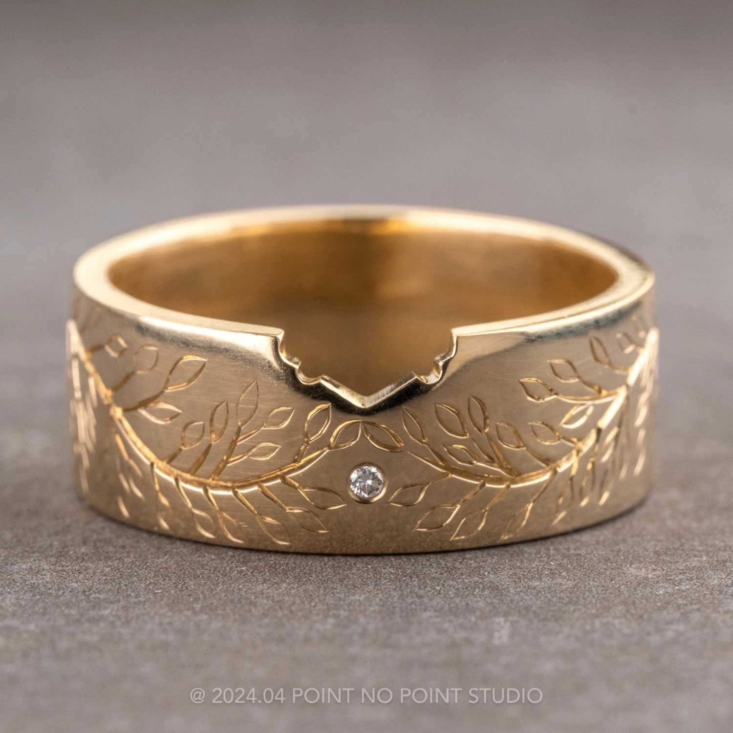 Engraved Single Diamond Ellipse Setting Wedding Ring, 14k Yellow Gold, Polished Finish 1 Engraved Single Diamond Ellipse Setting Wedding Ring, 14k Yellow Gold, Polished Finish