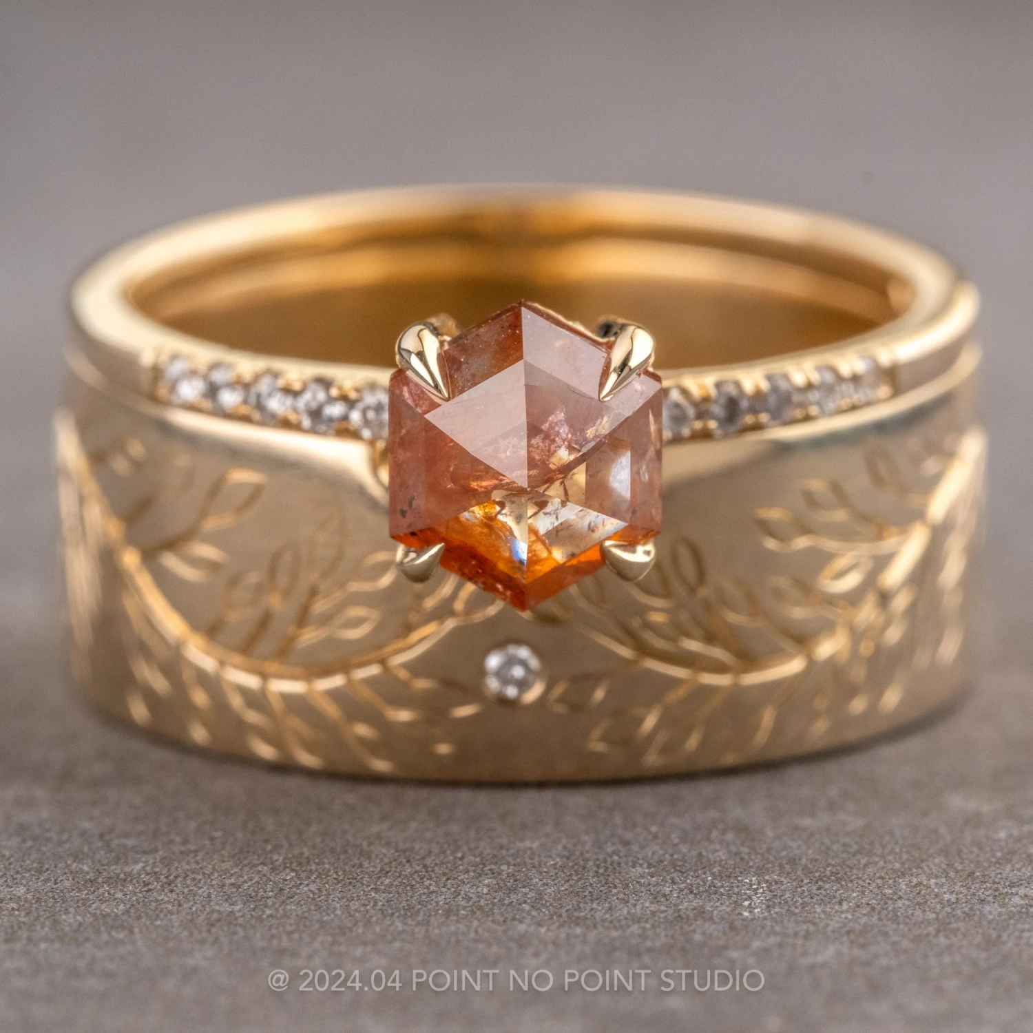 Engraved Single Diamond Ellipse Setting Wedding Ring, 14k Yellow Gold, Polished Finish 4 Engraved Single Diamond Ellipse Setting Wedding Ring, 14k Yellow Gold, Polished Finish - Image 4