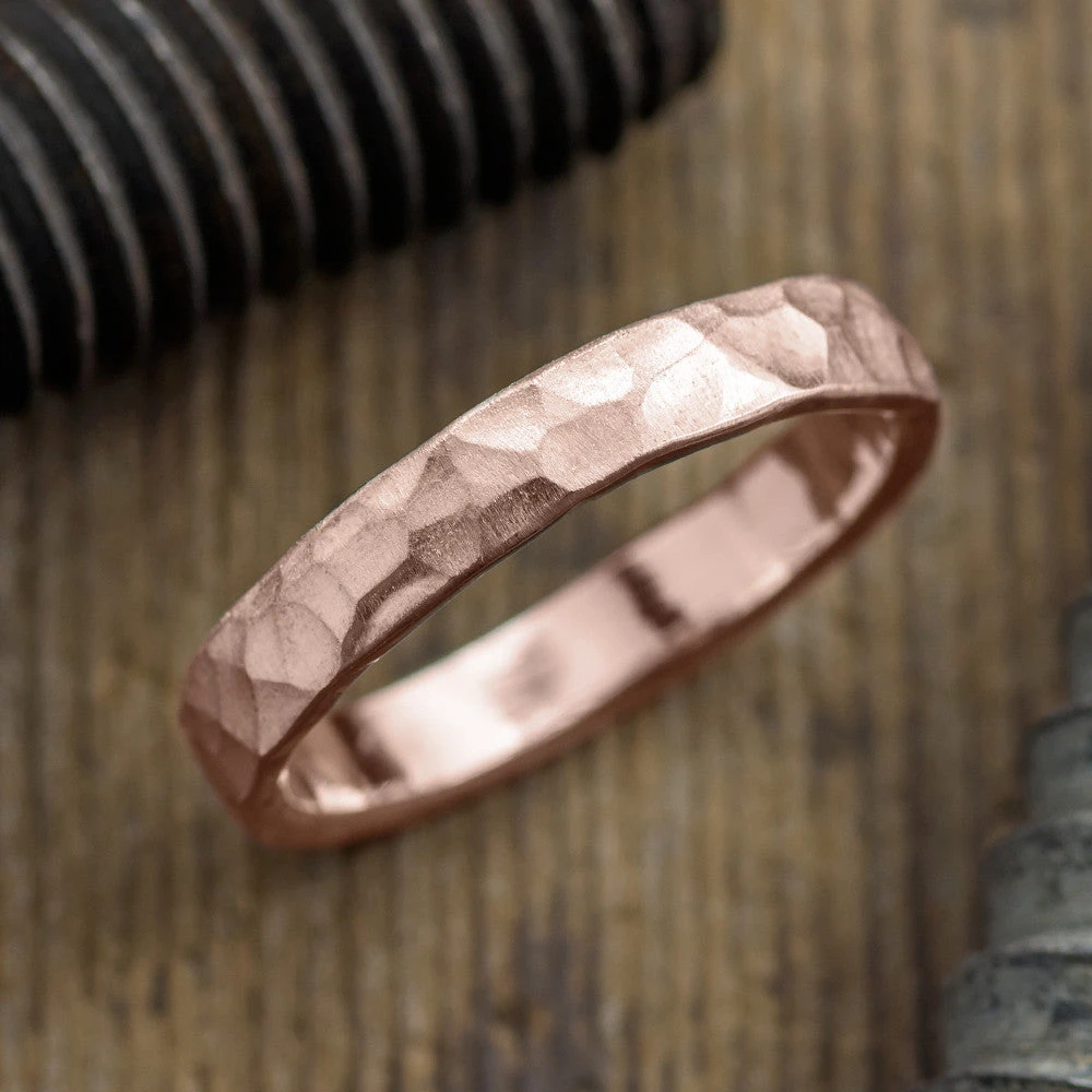 4mm 14k Rose Gold Mens Wedding Band, Hammered Matte 1 4mm 14k Rose Gold Mens Wedding Band, Hammered Matte