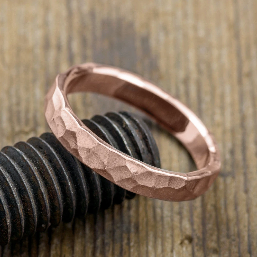 4mm 14k Rose Gold Mens Wedding Band, Hammered Matte 3 4mm 14k Rose Gold Mens Wedding Band, Hammered Matte - Image 3